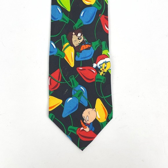 VTG 1994 Looney Tunes Mania Looney Tunes Characters in Christmas Lights Necktie - Picture 2 of 8